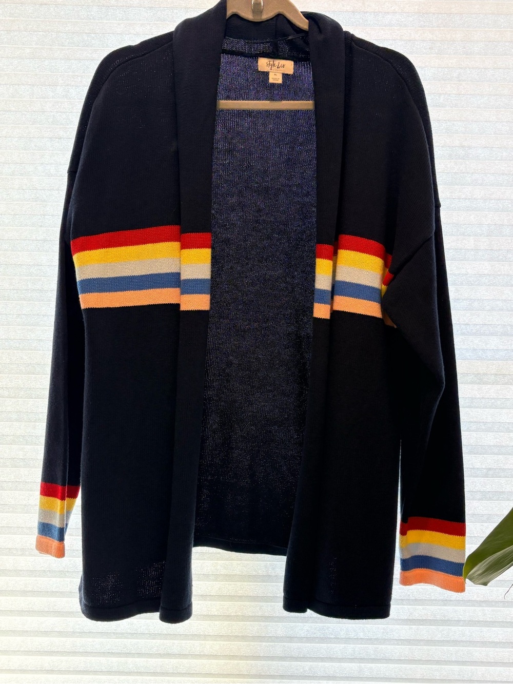 Style & Co. Navy Open-Front Cardigan with Multi-Color Stripes